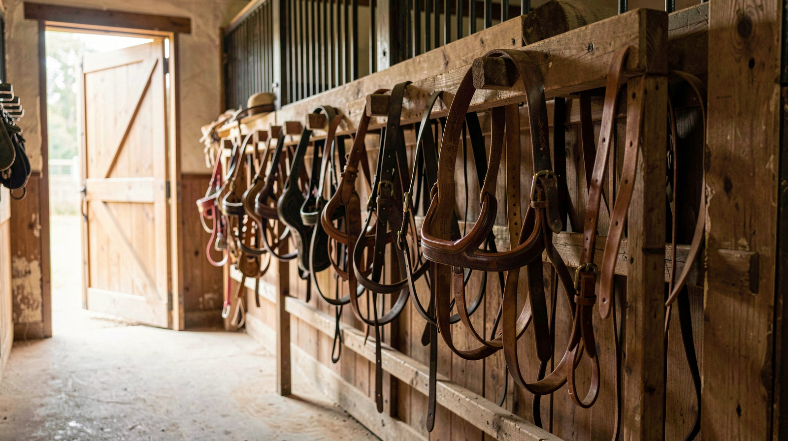 A wooden saddle rack in a stable aisle, leather bridles hanging above it, morning light entering from an open door on the left, shot at eye level with the rack filling the frame.